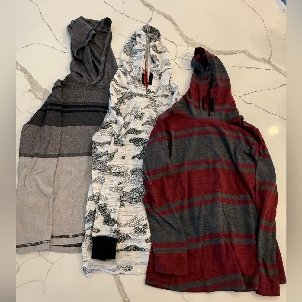 3 thin long sleeve hooded boys shirts all size 6/7. First wave brand